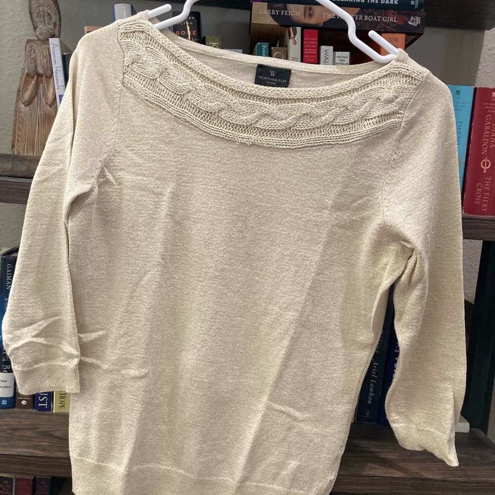 Worthington Metallic Gold Crew Neck Sweater Classic Knit Design